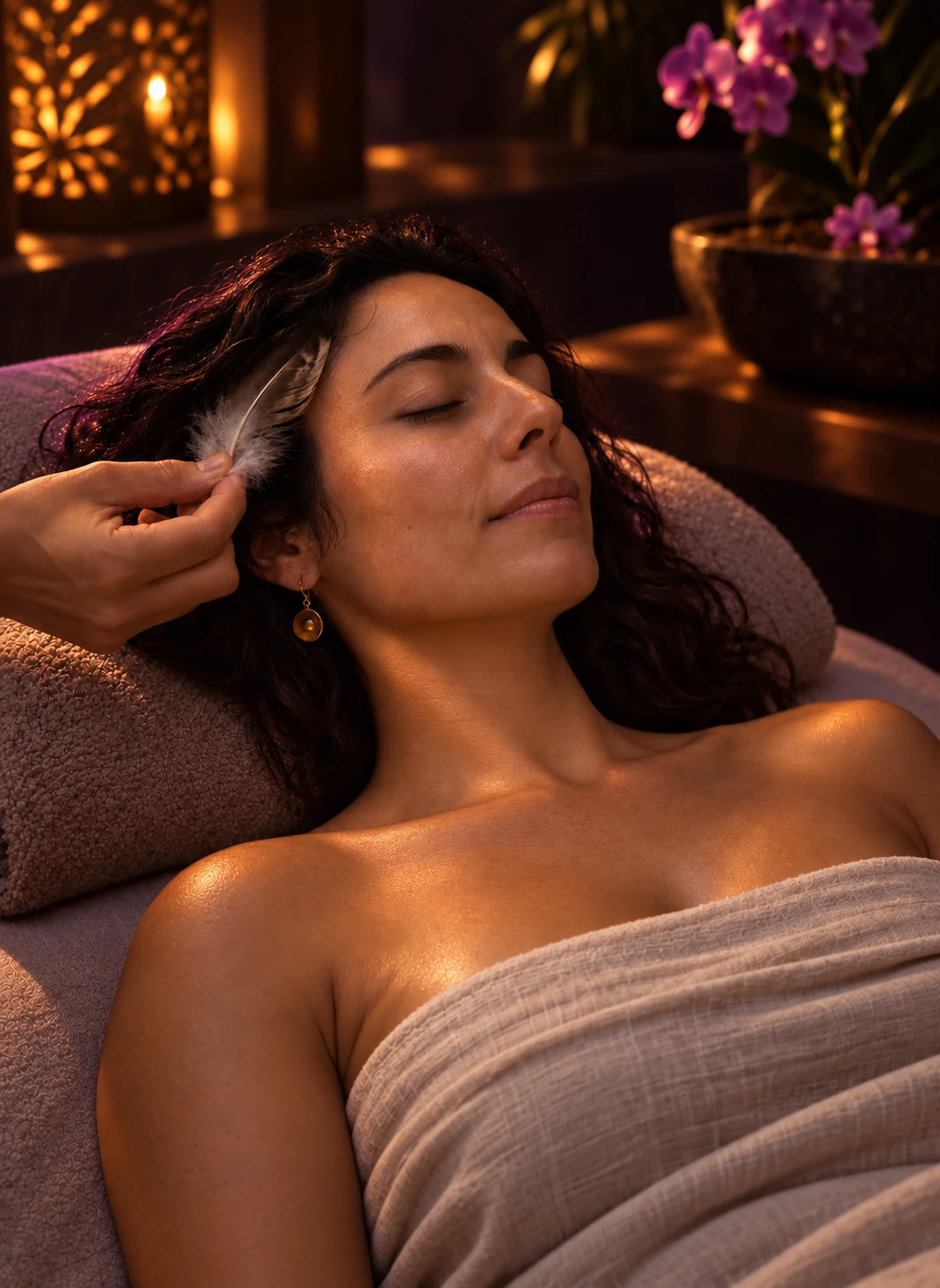 A woman resting beneath a linen spa drape while a feather brushes her temple in dim amber light