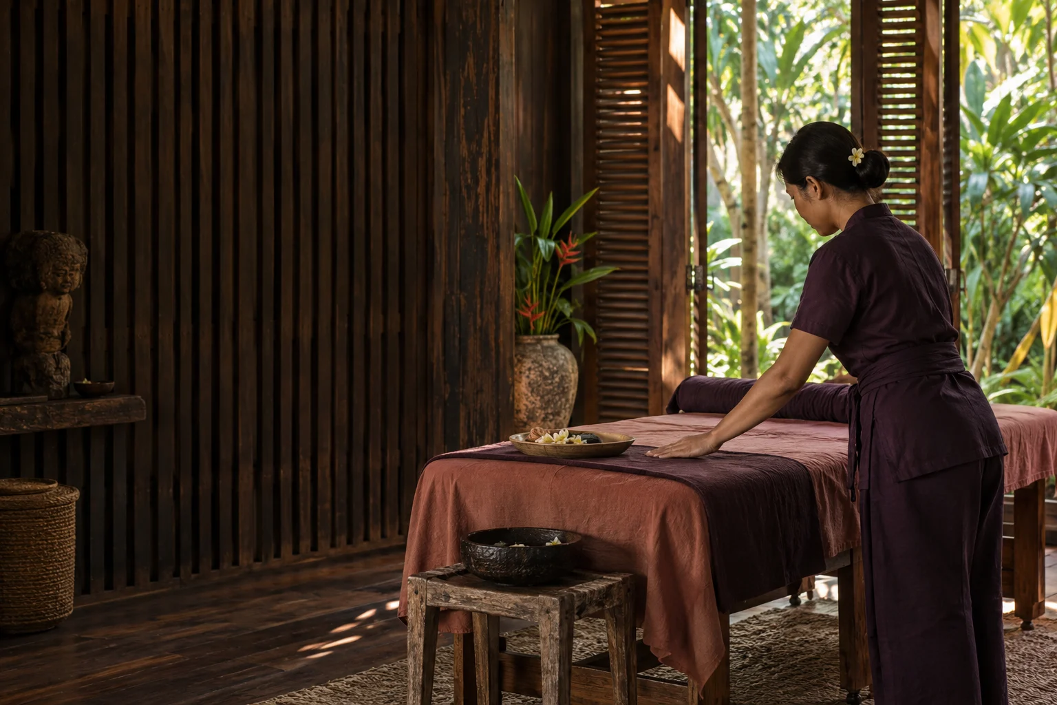 A quiet Bali villa setting prepared for a private wellness appointment